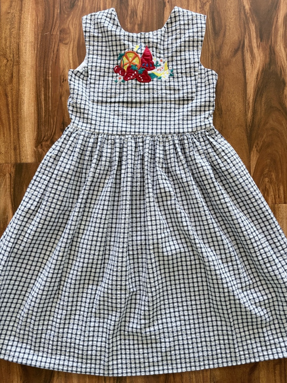 Fast Friends Girls Vintage Navy Blue Seersucker Check Appliqué  Sun Dress Size 7